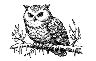 vector illustration of a snowy owl on a winter branch