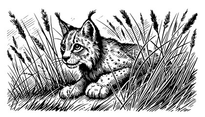 realistic black and white vector sketch of a lynx cub in nature © Luka