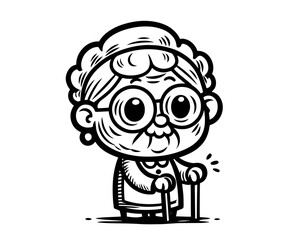 adorable cartoon vector illustration of an elderly grandmother with glasses and a cane