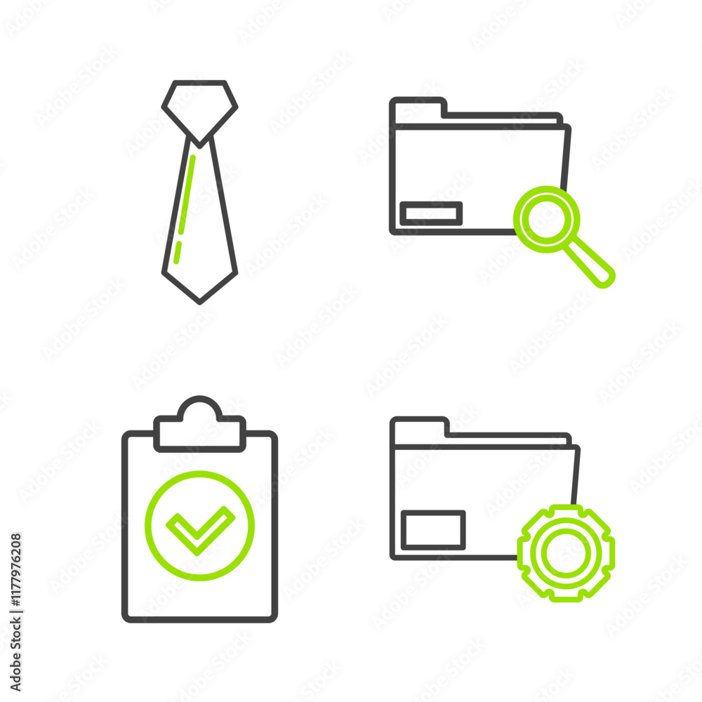 Poster set line folder settings with gears, completed task, search concept folder and tie icon. vector