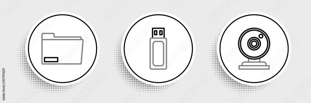 Poster set line web camera, document folder and usb flash drive icon. vector