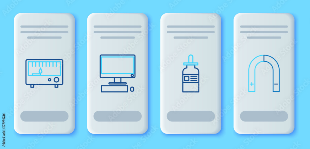Poster set line computer monitor with keyboard and mouse, glass bottle pipette, electrical measuring instru