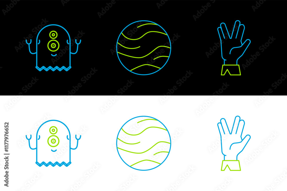Poster set line vulcan salute, alien and planet icon. vector
