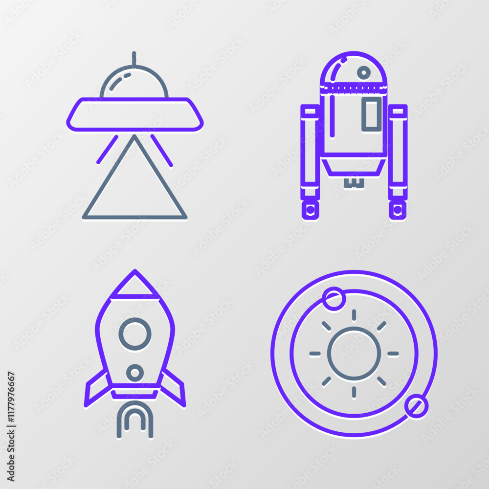 Poster set line solar system, rocket ship with fire, robot and ufo flying spaceship icon. vector