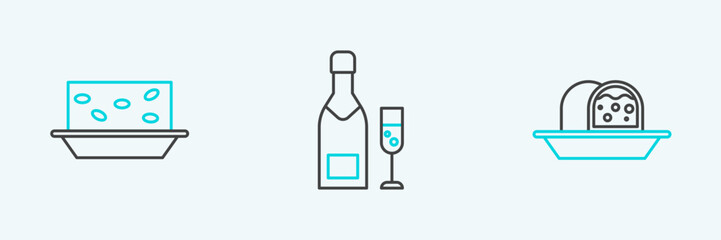 Set line Marzipan sponge cake, Nougat with nuts and Champagne bottle and glass of champagne icon. Vector