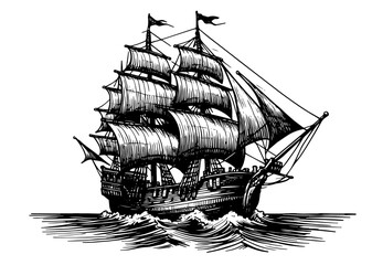 black and white illustration of a historic sailing ship in the ocean