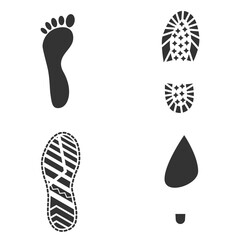 Set of humans footprint. Footprints silhouettes foot and shoes isolated on white background, such as idea of logo in gray. Stock vector. EPS10.