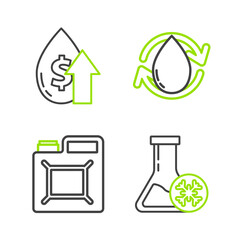 Set line Antifreeze test tube, Canister for gasoline, Oil drop and price increase icon. Vector