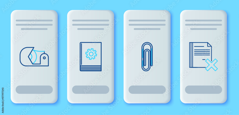 Aufkleber set line user manual, paper clip, scotch and delete file document icon. vector