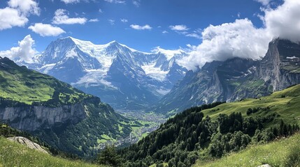 Fototapeta premium Stunning panoramic view of snow capped alps with rocky peaks and lush vegetation under blue sky