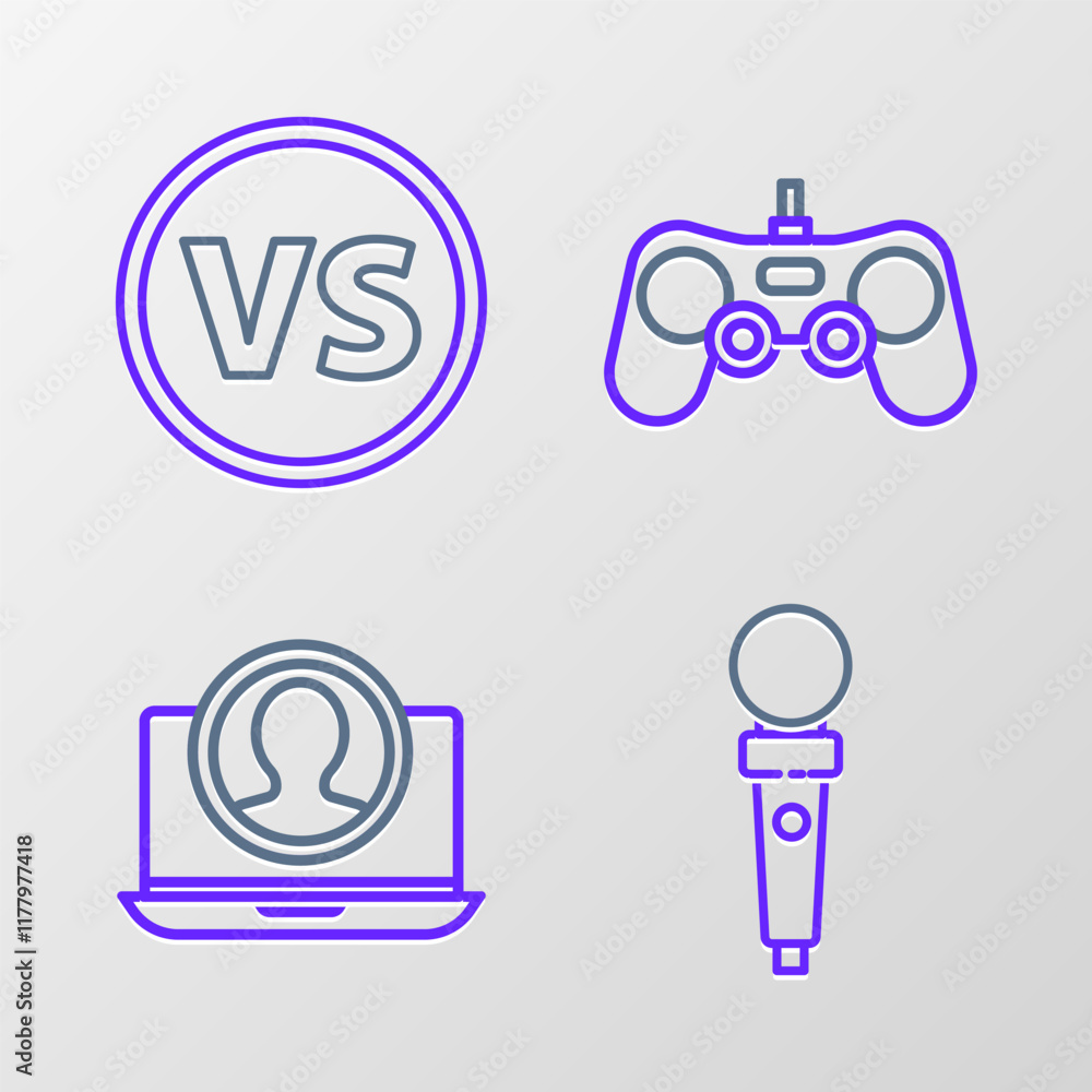 Poster set line joystick for arcade machine, create account screen, gamepad and vs versus battle icon. vect