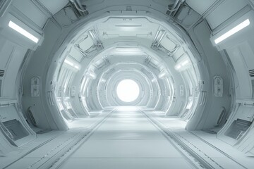 Futuristic white corridor with central light portal in sci fi space ship interior scene
