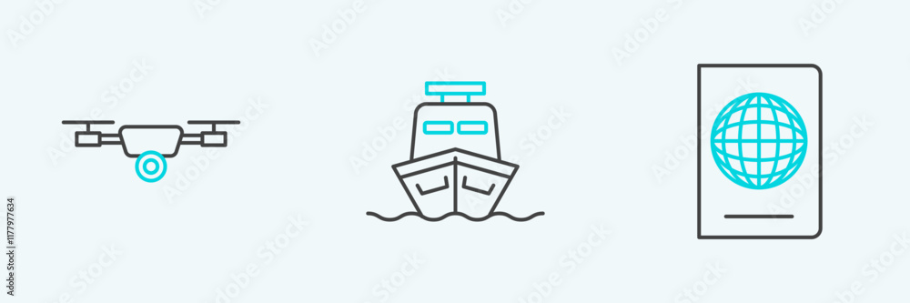 Poster set line passport with biometric data, drone flying action video camera and ship icon. vector