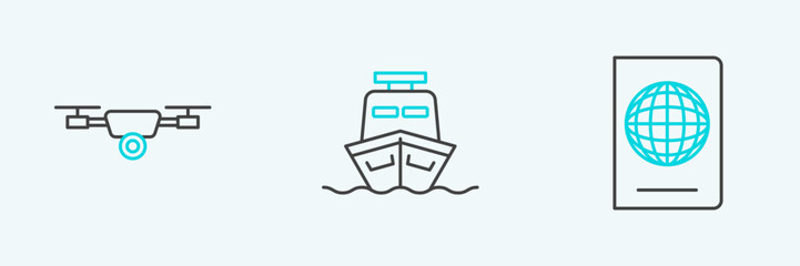 Set line Passport with biometric data, Drone flying action video camera and Ship icon. Vector