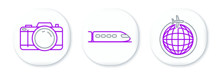 Set line Globe with flying plane, Photo camera and Train icon. Vector