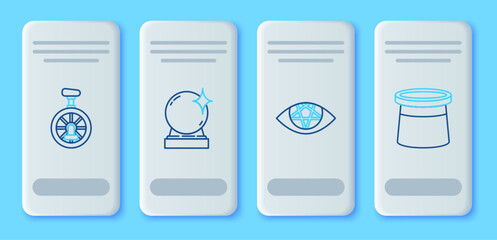 Set line Magic ball, Pentagram, Unicycle or one wheel bicycle and Magician hat icon. Vector © Oksana