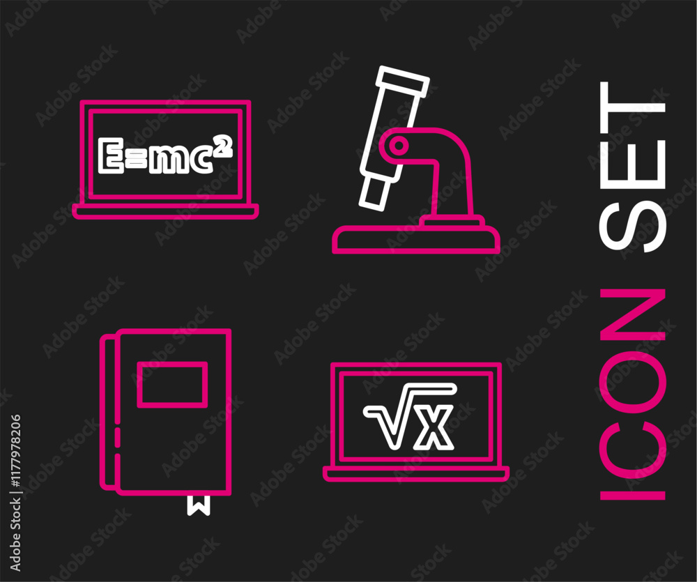 Poster set line square root of x glyph, book, microscope and equation solution icon. vector