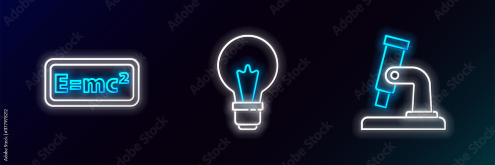 Poster set line microscope, equation solution and light bulb with concept of idea icon. glowing neon. vecto
