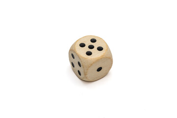White Wood Dice Showing Five Dots on White Background