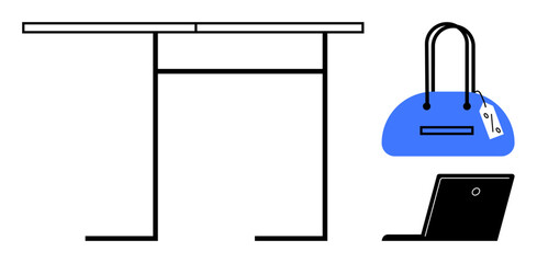 Desk with black legs, trendy blue handbag, and laptop. Ideal for office decor, workspace organization, retail marketing, fashion merchandising, remote work setups branding and advertising. Line