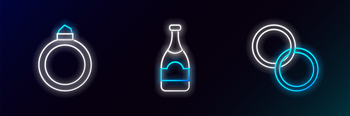 Set line Wedding rings, Diamond engagement and Champagne bottle icon. Glowing neon. Vector