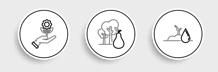 Set line Watering sprout, Hand holding flower and Tree with pears icon. Vector