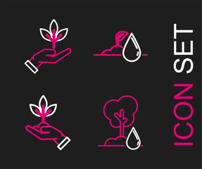 Set line Watering Tree, Plant hand of environmental protection, sprout and icon. Vector