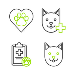 Set line Cat, Clipboard with medical clinical record pet, Veterinary symbol and Heart animals footprint icon. Vector