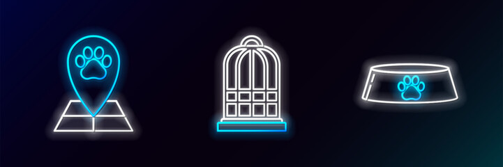 Set line Pet food bowl for cat or dog, Map pointer with veterinary medicine hospital and Cage birds icon. Glowing neon. Vector