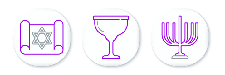 Set line Hanukkah menorah, Torah scroll and Jewish goblet icon. Vector