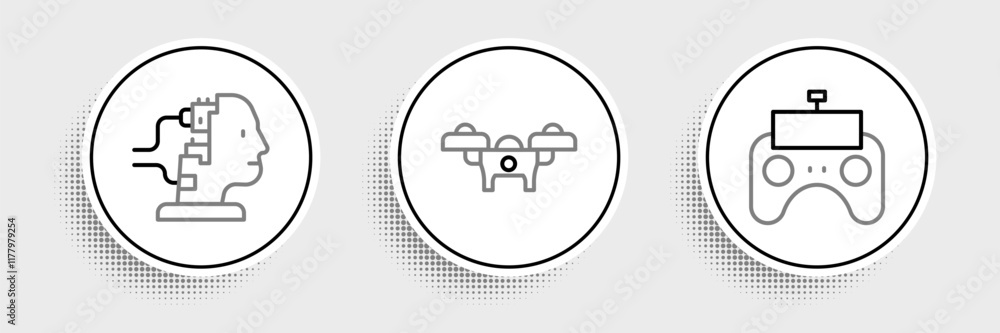 Aufkleber set line remote control, robot for maintenance and drone icon. vector