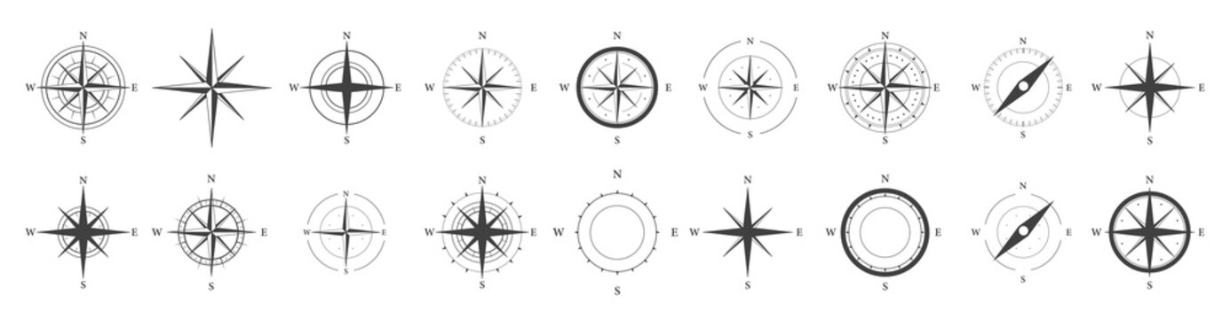 Compass icons. Set of simple compass symbols. Wind rose icon. JPG image