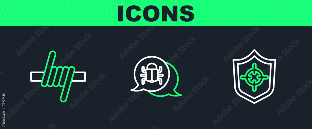 Poster set line shield, barbed wire and system bug icon. vector
