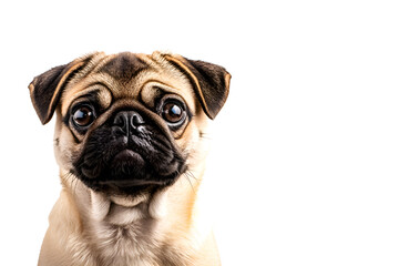 Close-up of adorable pug dog on white background with copy space