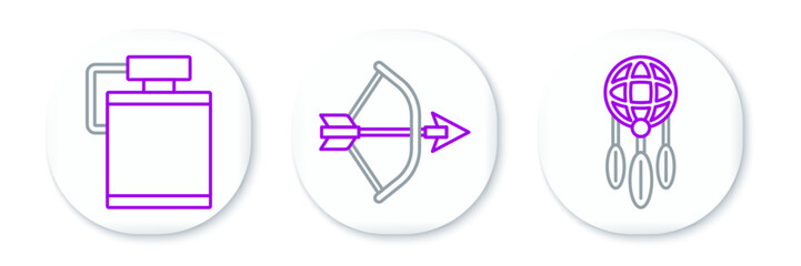 Set line Dream catcher with feathers, Canteen water bottle and Bow and arrow in quiver icon. Vector