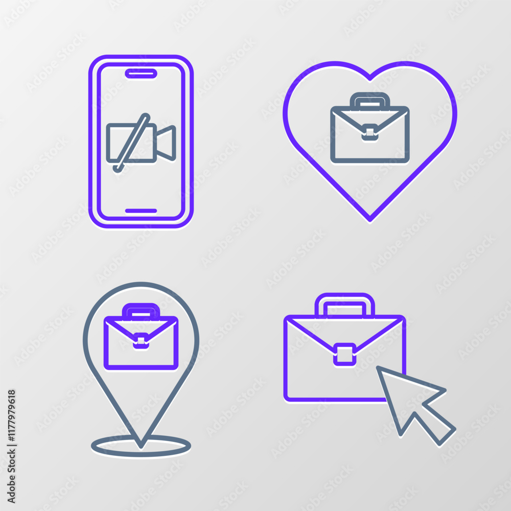 Aufkleber set line online working, heart with text and video camera off on mobile icon. vector