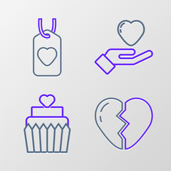 Set line Broken heart, Wedding cake with, Heart hand and tag icon. Vector