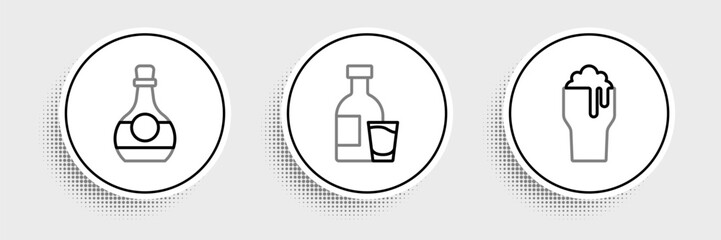 Set line Glass of beer, Bottle cognac or brandy and vodka with glass icon. Vector