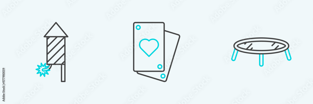 Poster set line jumping trampoline, firework rocket and playing card icon. vector