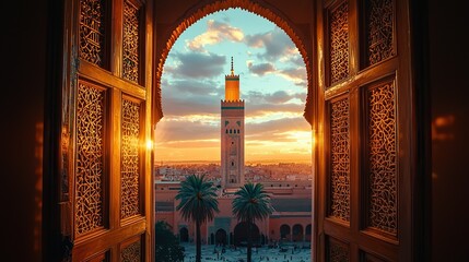 Mosque minaret viewed through ornate doorway at sunset, Marrakech.