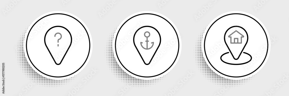 Aufkleber set line location with house, unknown route point and anchor icon. vector