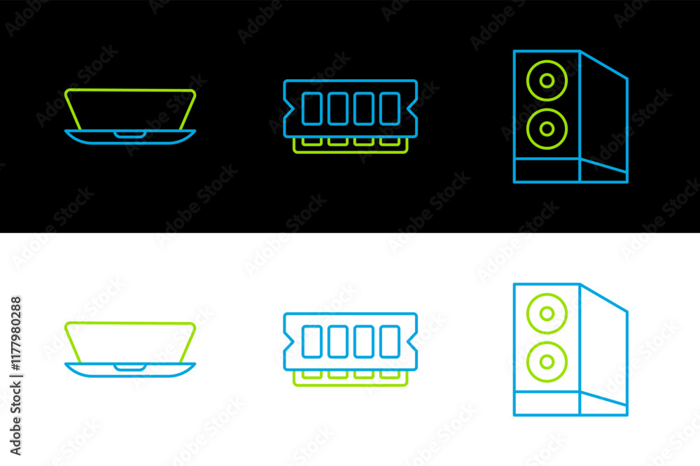 Poster set line case of computer, laptop and ram, random access memory icon. vector