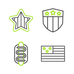 Set line American flag, Hotdog sandwich, Shield with stars and USA Independence day icon. Vector