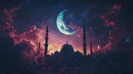 Mosque silhouette against crescent moon, stars, and cloudy night sky.