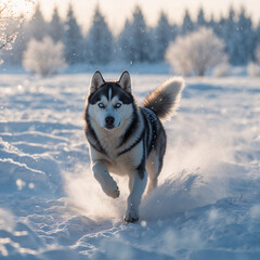 Fototapeta premium A husky rushes across a snowy plain under a soft sun.