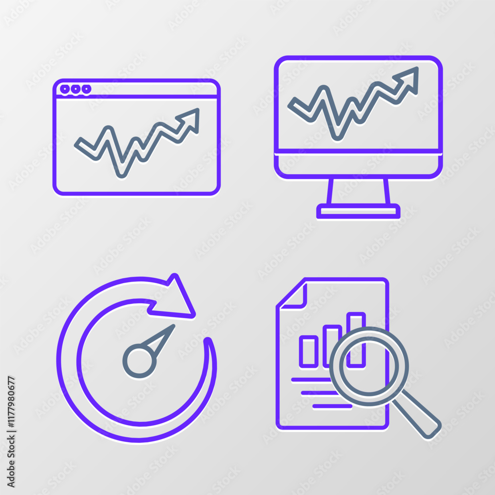 Poster set line document with graph chart, digital speed meter, monitor and graph infographic icon. vector