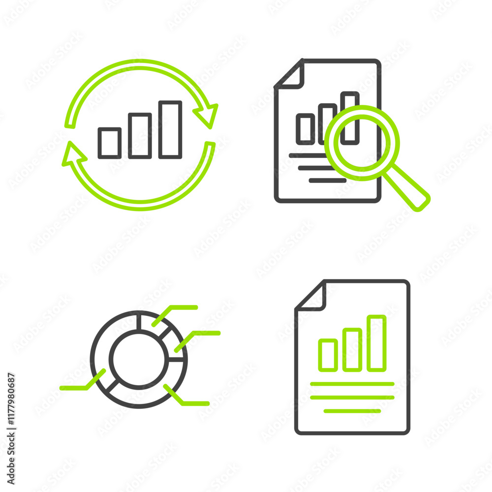 Poster set line document with graph chart, pie infographic, and graph icon. vector