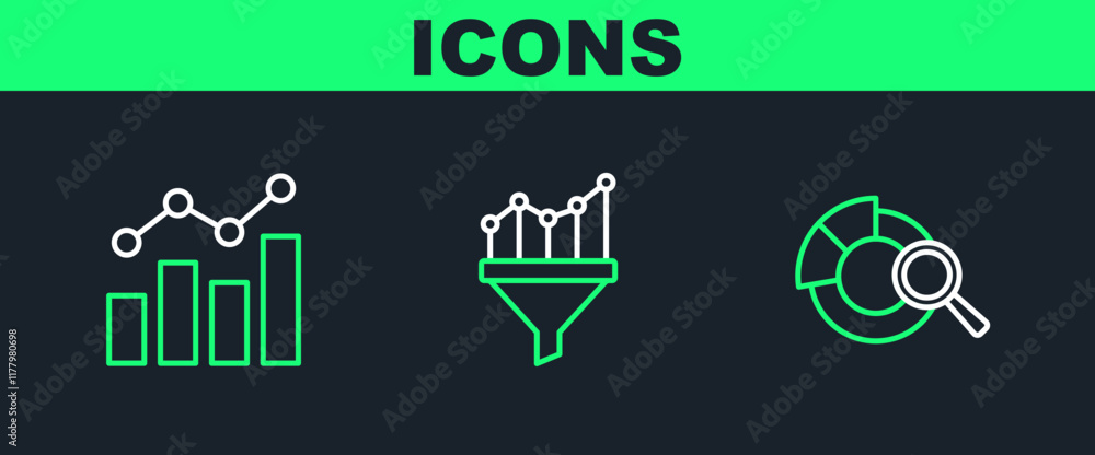 Poster set line search data analysis, financial growth and sales funnel with chart icon. vector