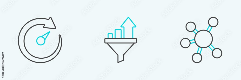 Poster set line project team base, digital speed meter and sales funnel with chart icon. vector