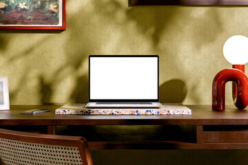 Laptop With Blank White Screen. Stylish Mockup